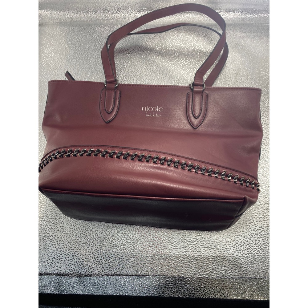 Nicole Miller Burgundy Faux Leather Tote Bag Chain Whipstitch Shoulder Bag